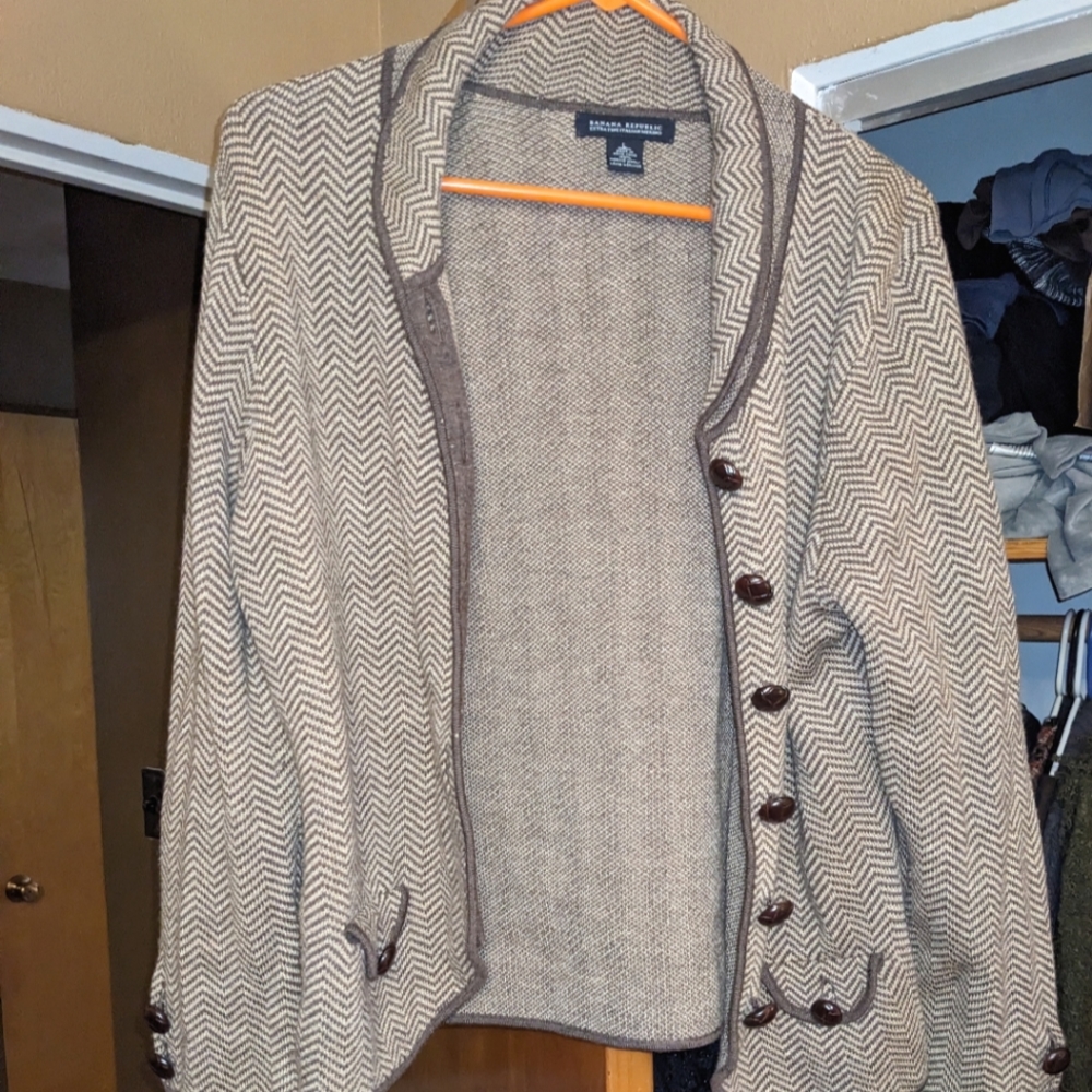 Vintage Merino Chevron Knit Sweater Blazer Brown Beige Suede Patch